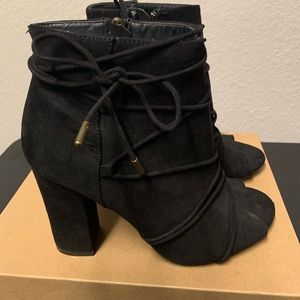 Suede, Black Ankle Heeled Bootie 6.5